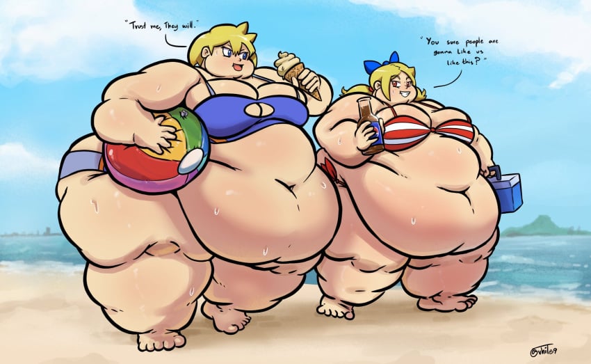 bbw beach beach_ball belly_overhang big_belly big_breasts big_butt blonde_hair blue_bikini blue_bow blue_eyes cooler dialogue double_chin duo fat fat_face fat_folds flabby_arms ice_cream ice_cream_cone obese obese_female obese_human overweight overweight_female overweight_human pepsi red_and_white_bikini red_eyes shantae short_hair ssbbw sweat thick_calves thick_thighs twintails twitch_(shantae) vhite9 vinegar_(shantae) wide_hips