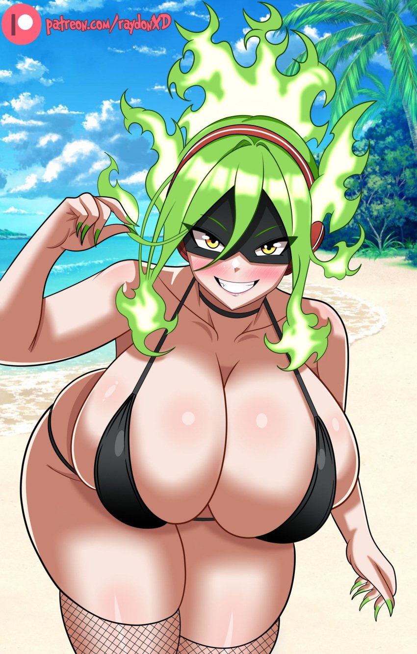 1girls ass barely_clothed beach big_areolae big_areolas big_ass big_breasts big_thighs bikini blue_sky blush blushing_at_viewer boku_no_hero_academia breasts burnin_(my_hero_academia) butt cameltoe cleavage clenched_teeth clouds female female_focus female_only female_superhero fire_hair firey_hair fishnet_legwear fishnets gigantic_breasts green_hair headband huge_ass huge_breasts huge_thighs kamiji_moe long_hair moe_kamiji mountains my_hero_academia my_hero_academia:_heroes:_rising my_hero_academia:_two_heroes my_hero_academia_the_movie:_world_heroes’_mission navel raydonxd standing superhero superheroine thick_hips thick_thighs thighs water watermark