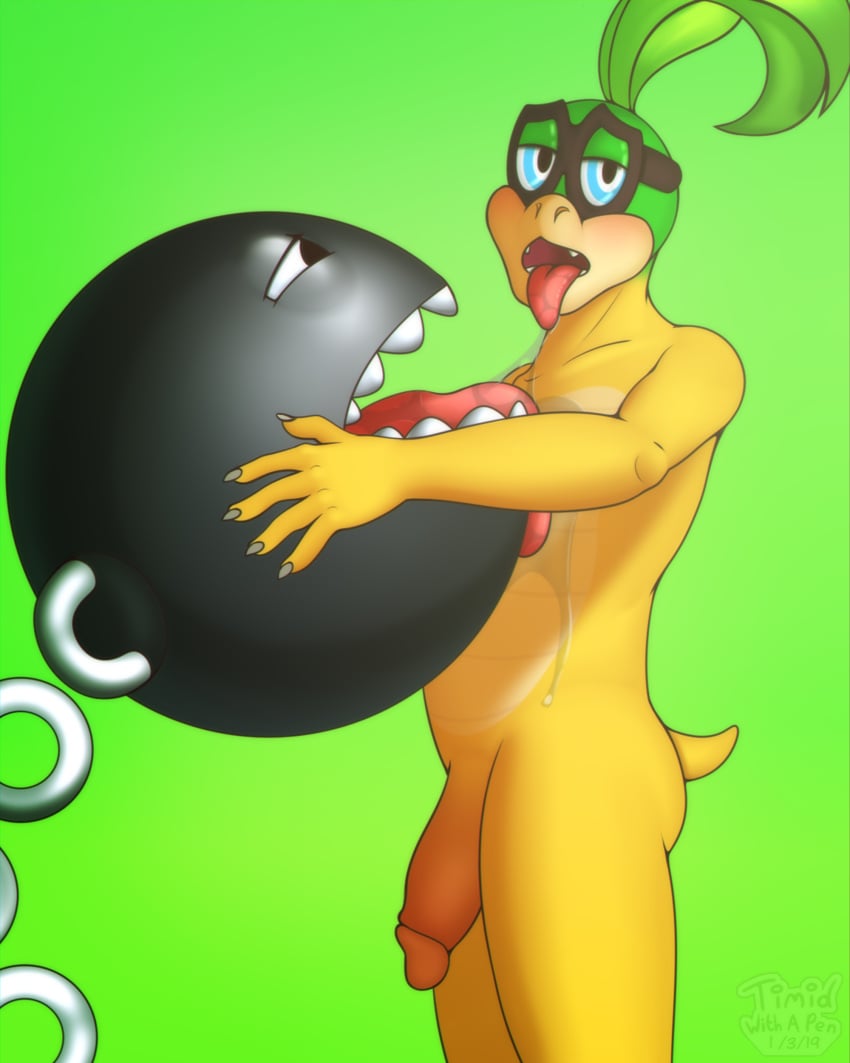 2019 5_fingers anthro anthrofied blush chain_chomp claws eyewear glasses hair holding_(disambiguation) humanoid_penis iggy_koopa koopa koopaling looking_at_viewer male male_only mario_(series) nintendo nude open_mouth penis reptile saliva scalie simple_background solo teeth timidwithapen tongue tongue_out video_games