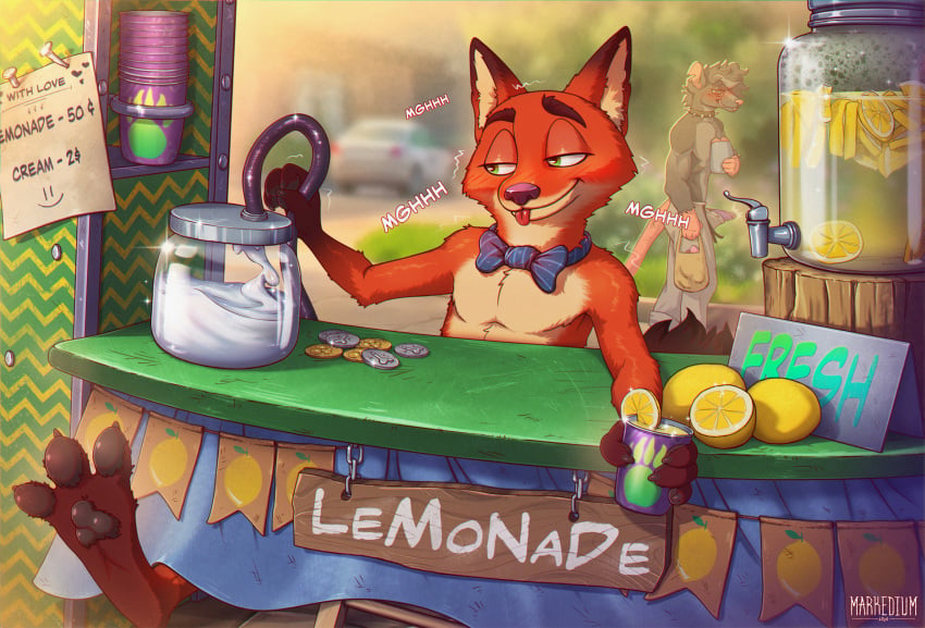 anthro blush bodily_fluids booth bottomwear bow_tie bulge canid canine clothing coin collar container cum cum_in_container cum_in_jar detailed_background disney feet food fox fruit fur genital_fluids hi_res jar lemon lemonade_stand male mammal markedium murid murine narrowed_eyes nick_wilde orange_body orange_fur pants pawpads penile penis_milking plant rat rodent shirtless solo_focus spiked_collar spikes tenting zootopia