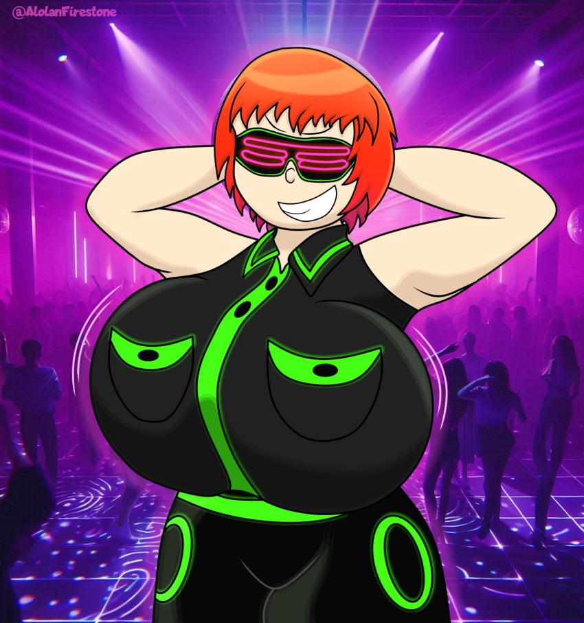 alolanfirestone bare_shoulders big_breasts black_jacket black_pants bouncing_breasts breasts_bigger_than_head button_down_shirt buttons clara_firestone_(alolanfirestone) dancer_outfit female female_focus glasses grin hands_behind_head highres huge_breasts large_breasts neon_lights orange_hair original original_character original_characters party party_glasses rave sleveless_shirt