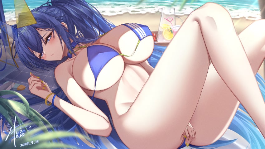 1girls 2024 absurdres ass averting_eyes azur_lane bare_shoulders beach bikini blue_bikini blue_eyes blue_hair blush breasts cleavage covered_erect_nipples covering_crotch covering_privates day drinking_straw eagle_union_(azur_lane) embarrassed feet_out_of_frame female food fruit hair_between_eyes heart heart-shaped_pupils highres huge_breasts legs lemon lemon_slice light-skinned_female light_skin long_hair looking_at_viewer lying new_jersey_(azur_lane) new_jersey_(midsummer_leisure)_(azur_lane) nipples official_alternate_costume on_back outdoors sand signature solo summer swimsuit symbol-shaped_pupils very_long_hair water z_shitei_ero