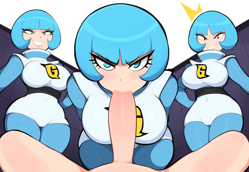 1boy 3girls adapted_costume ai_generated blowjob blue_hair bob_cut caught curvy erection evil frown imminent_sex large_breasts looking_at_viewer mullon novelai oral penis pokemon pokemon_dppt pov rape smile team_galactic team_galactic_grunt_(female) team_galactic_uniform voluptuous wide_hips