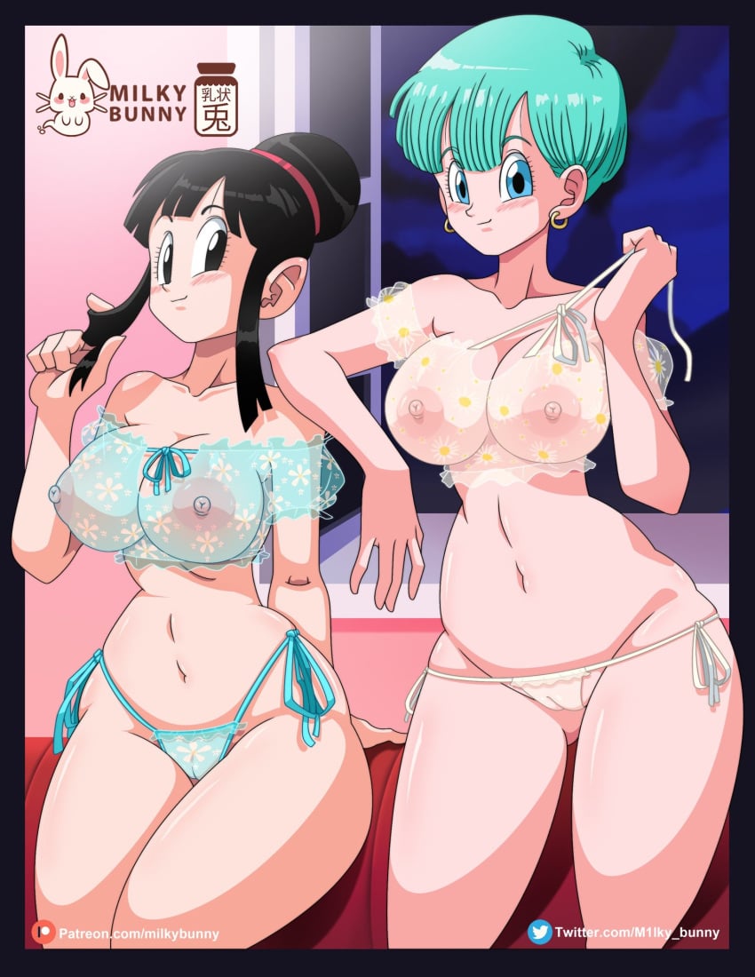 2024 2girls 2milfs areolae artist_logo artist_name artist_website black_eyes black_hair blue_eyes blue_hair breasts breasts_visible_through_clothing bulma_briefs chichi dragon_ball dragon_ball_z female female_only hi_res light_blue_hair lingerie looking_at_viewer milf milky_bunny nipples pussy pussy_visible_through_clothes see-through see-through_clothing smiling smiling_at_viewer thick_thighs white_background