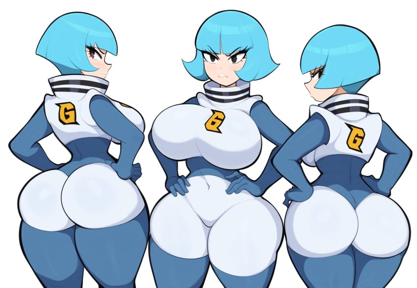 3girls adapted_costume ai_generated ass back big_ass blue_hair bob_cut bubble_butt curvy dat_ass evil frown huge_ass large_breasts looking_at_viewer mullon novelai pokemon pokemon_dppt team_galactic team_galactic_grunt_(female) team_galactic_uniform that_ass_was_fat voluptuous wide_hips