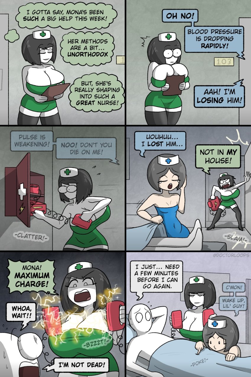 1boy 2girls after_sex big_breasts cleavage comic crying defibrillator doctorloops electricity female funny humor limp_penis male misunderstanding mona_(doctorloops) mourning nurse nurse_cap text veronica_(doctorloops) veronica_and_mona