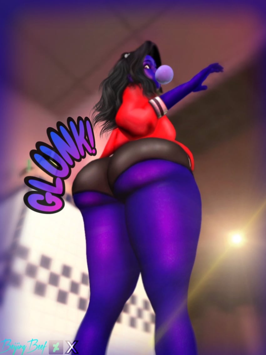 1girls asian asian_female ass_expansion beijingbeef big_ass black_hair black_shorts blowing_bubblegum blue_skin blueberry_inflation bubble_gum chinese chinese_female expansion gum inflation rae_li red_jacket spandex spandex_shorts tagme wide_hips