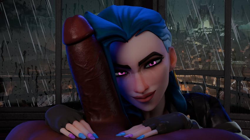 3d big_penis blue_hair dark-skinned_male interracial jinx_(league_of_legends) kojimations league_of_legends male painted_nails penis purple_eyes raining riot_games uncensored