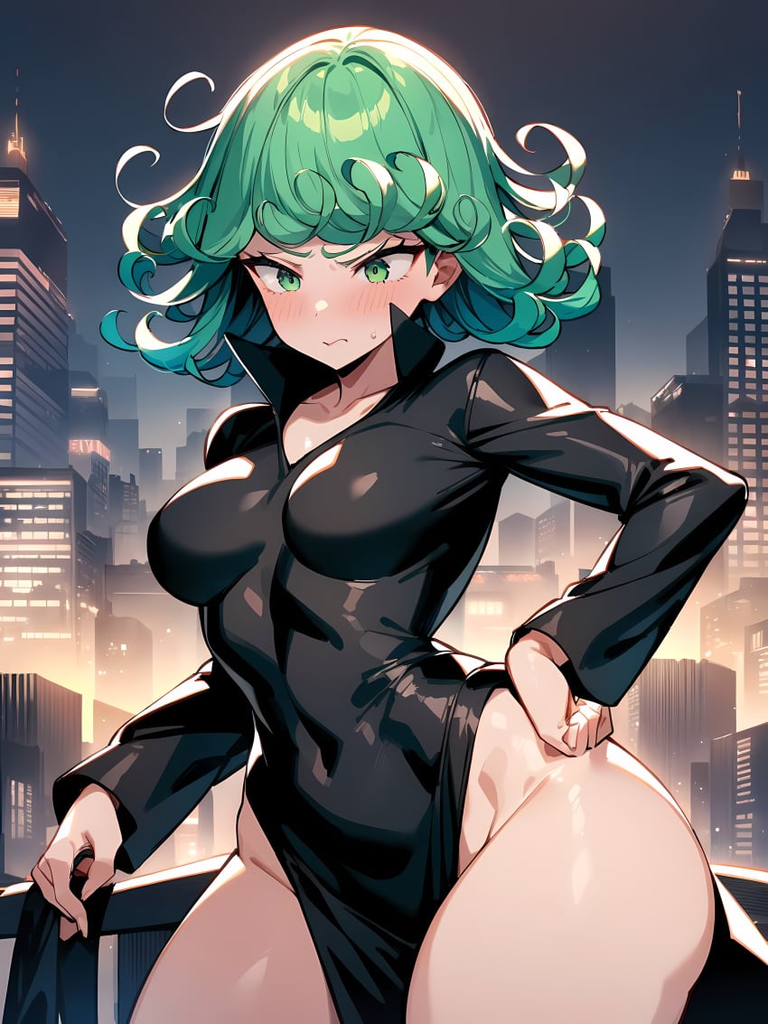 1girls ai_generated black_dress blush blush_lines breasts city clothed clothed_female clothing collarbone curly_hair curvaceous curves curvy curvy_body curvy_female curvy_figure curvy_hips eyelashes female female_only front_view green_eyes green_hair hand_on_hip light-skinned_female light_skin medium_breasts night one-punch_man outdoor outdoors outside pale-skinned_female pale_skin short_hair solo solo_female standing sweat sweatdrop tatsumaki thick_thighs thighs tight_clothing tight_fit white_skin