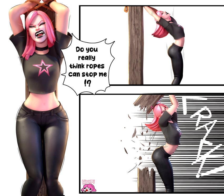 3d_(artwork) ass breaking breaking_free breaking_wall captured fortnite fortnite:_battle_royale goth goth_girl haze_(fortnite) hivypi leggings midriff pole red_eyes text tied_to_pole tied_up tummy wood