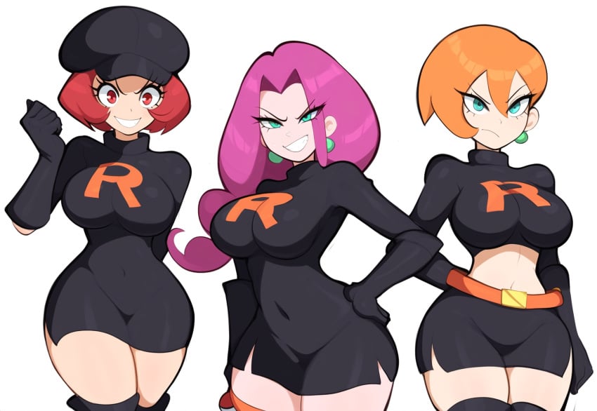 3girls ai_generated curvy evil frown grin large_breasts looking_at_viewer mullon novelai orange_hair pokemon pokemon_frlg red_hair team_rocket team_rocket_grunt team_rocket_grunt_(female) team_rocket_uniform trio wide_hips