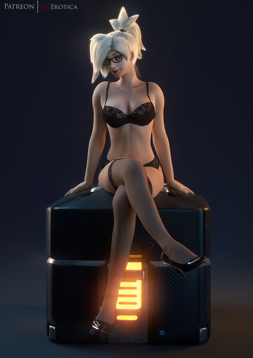 1girls 3d autodesk_maya blizzard_entertainment blonde_hair blue_eyes bra female female_only garter_belt glasses high_heels looking_at_viewer lootbox mercy overwatch pinup sitting solo thighhighs vgerotica