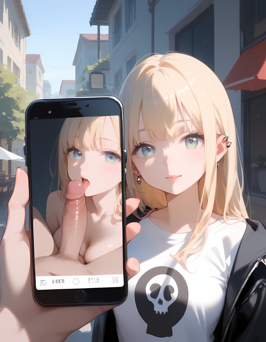 blonde_hair blowjob juxtaposition looking_at_viewer phone_screen photo_(object) pov