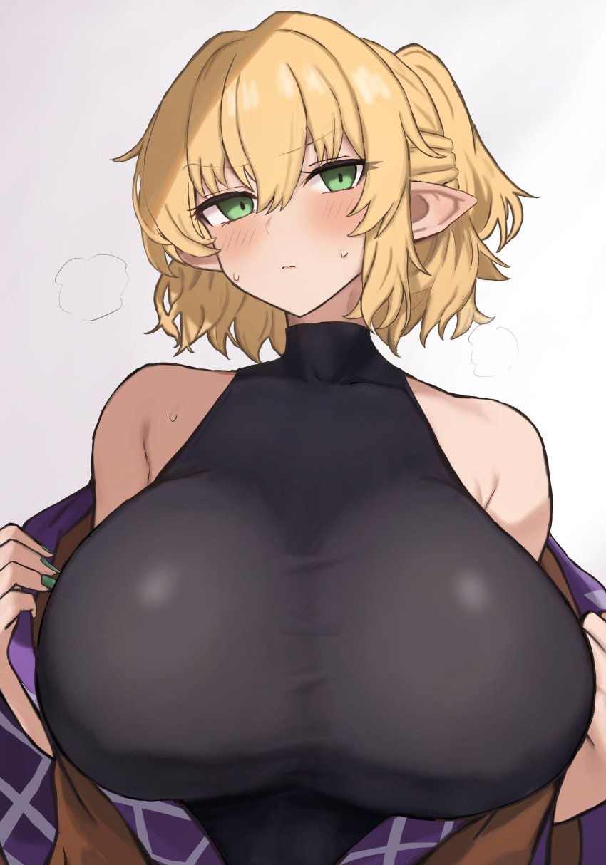 big_breasts blonde_female blonde_hair green_eyes green_nails huge_breasts light-skinned_female light_skin mizuhashi_parsee moriforest1040 parsee_mizuhashi pointy_ears shoulders taking_clothes_off touhou