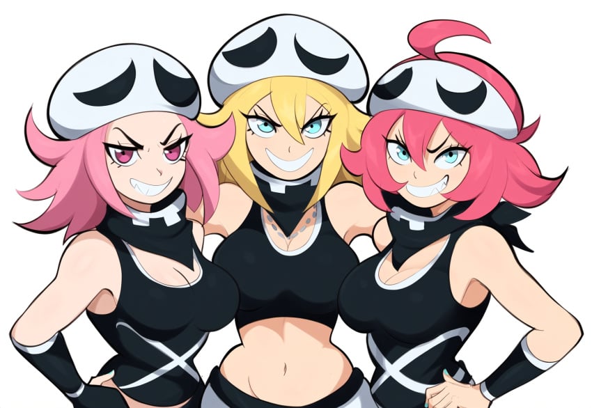 3girls ai_generated cleavage grin looking_at_viewer medium_breasts mullon novelai pokemon pokemon_sm team_skull team_skull_grunt team_skull_grunt_(female) trio