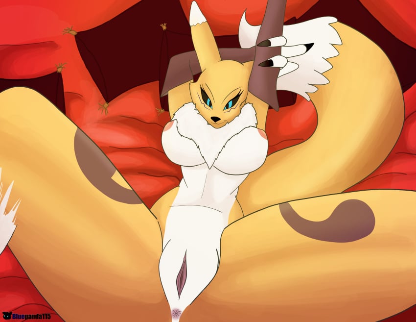 bed bedroom_eyes bluepanda115 digimon digimon_(species) female half-closed_eyes nude pillow presenting renamon seductive solo