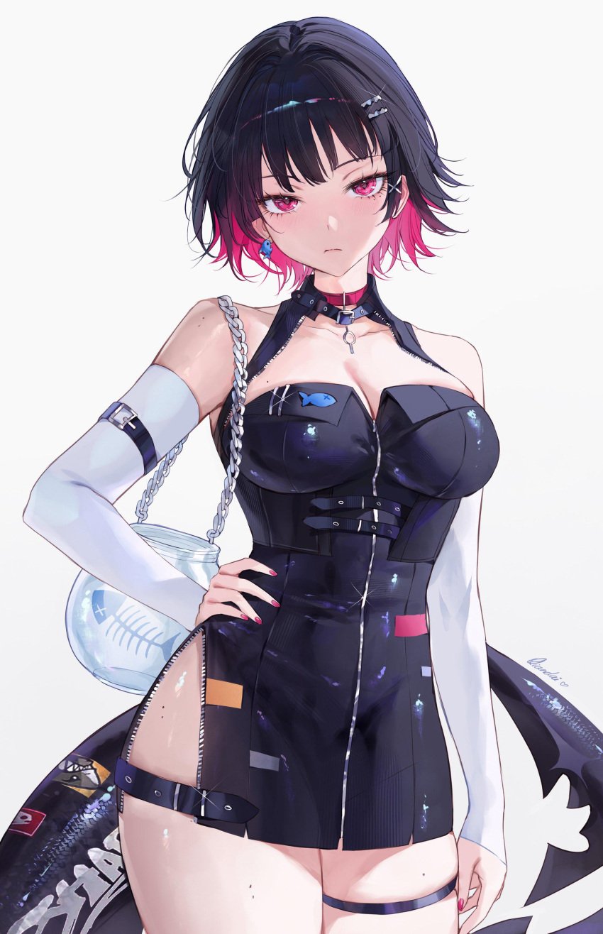 1girl 1girls animal_tail black_hair black_hair_female collar ellen_joe goth goth_girl looking_at_viewer medium_breasts pink_eyes pink_nails qiandaiyiyu shark_tail short_hair sole_female tagme zenless_zone_zero