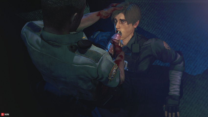 2boys 3d blood blue_eyes clothed clothed_sex cum cum_in_mouth cumshot cumshot_in_mouth ejaculation erection fellatio forced_oral gay gninrom hand_on_head holding_head holding_penis leon_scott_kennedy long_penis looking_at_partner male male_focus male_only marvin_branagh multiple_boys open_mouth oral oral_sex penis police_officer resident_evil resident_evil_2 resident_evil_2_remake source_filmmaker tongue unprofessional_behavior yaoi zombie