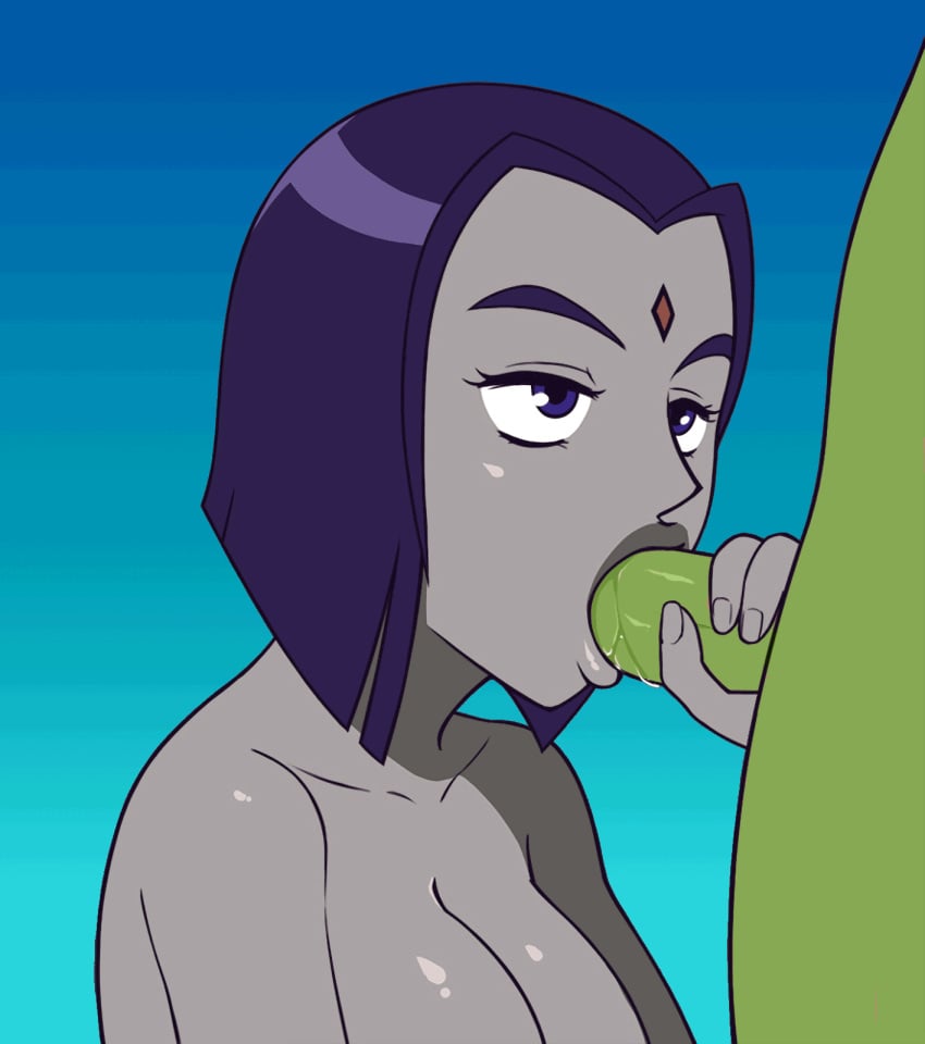 1boy 1girls animated beast_boy dc dc_comics duo edit fellatio female forehead_jewel green_skin grey_skin hair male oral penis purple_eyes purple_hair rachel_roth raven_(dc) saliva short_hair straight teen_titans zelamir