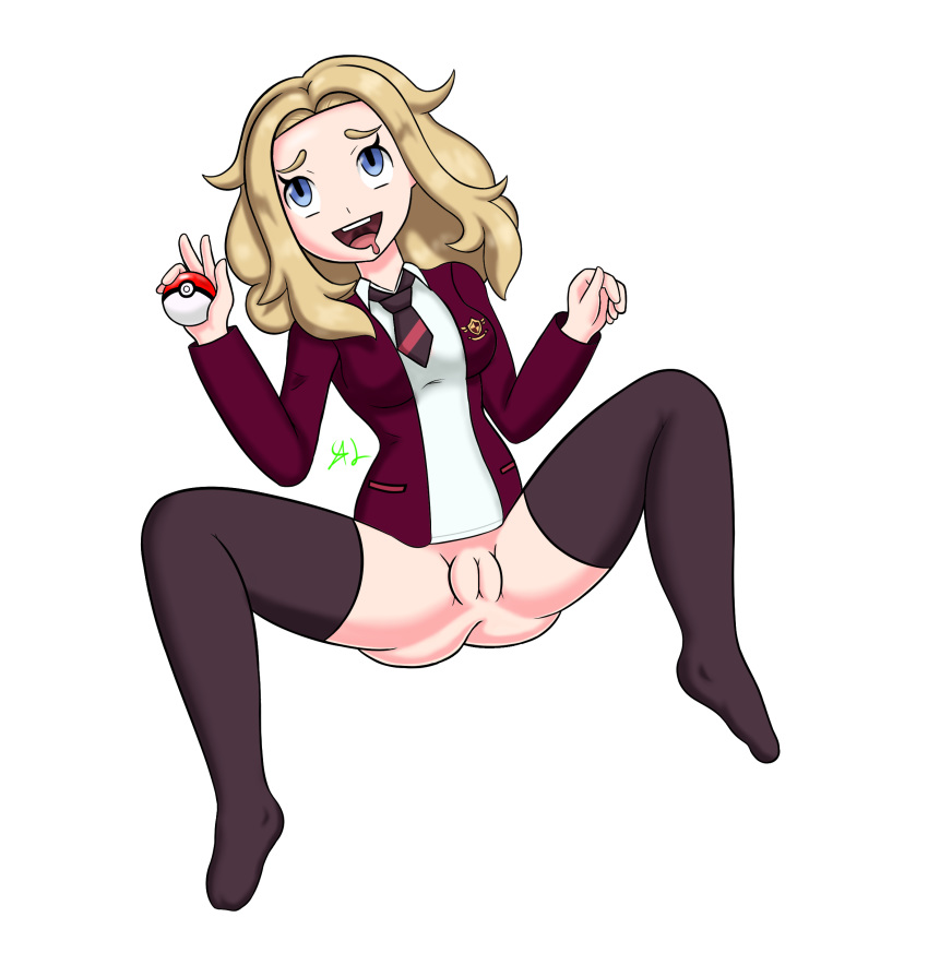 1girls aeyerlock armpits ass blonde_hair bottomless female human human_only jacket lass_(pokemon) lass_(pokemon_ss) long_hair necktie npc_trainer nude pokemon pokemon_ss pussy shirt small_breasts text thick_thighs thighhighs watermark wide_hips