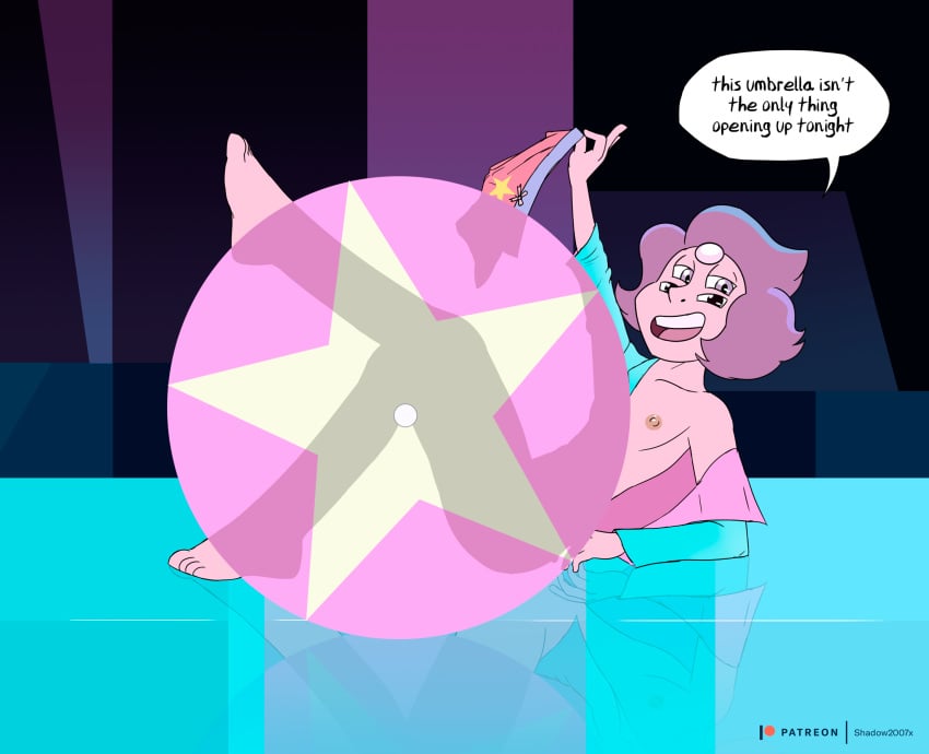 2019 4_eyes ambiguous_gender barefoot black_eyes cartoon_network censored change_your_mind_(steven_universe) color commission gay gem_fusion grin highres holding_object leather_jacket multi_eye pink_skin purple_eyes purple_hair rainbow_quartz_2.0 shadow2007x star_censor steven_universe striptease topless