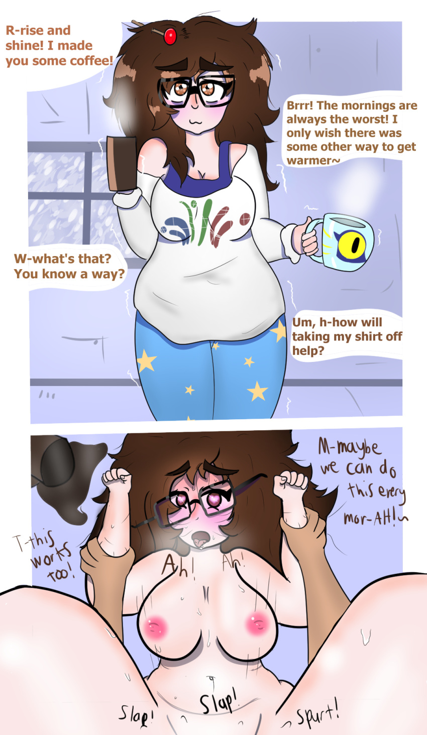 1boy 1girls alternate_costume asian big_breasts blizzard_entertainment blush brollyinthewind brown_eyes brown_hair chubby coffee cumming duo female glasses instant_loss_2koma male mei_(overwatch) messy_hair morning overwatch pajamas pajamei purpleskylight shivering snow solo_focus spill steamy_breath straight thick_thighs vaginal_penetration