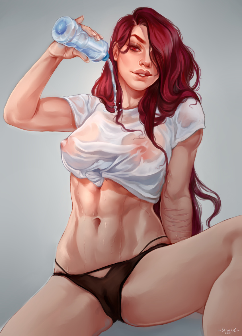 abs areolae breasts cameltoe female female_only nipples othalam panties red_eyes red_hair scars self_harm_scars solo spread_legs toned toned_female water water_bottle wet wet_clothes wet_shirt