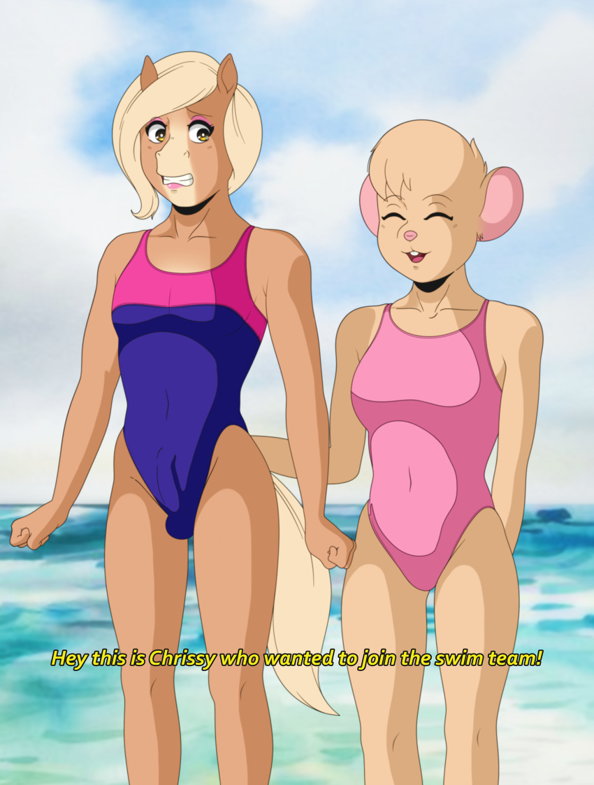 2019 5_fingers absurd_res anthro balls biped breasts buffbumblebee bulge clothed clothing cloud crossdressing day dialogue duo english_text equid equine erection eyebrows eyelashes female femboy front_view fur girly grope hair hi_res horse humanoid_penis lipstick makeup male mammal mouse multicolored_fur one-piece_swimsuit open_mouth outside penis penis_outline retro_artstyle retro_artstyle_(western) rodent seaside sky smile sport_swimsuit standing straight surprise swimsuit tan_fur teeth text tight_clothing tongue two_tone_fur water