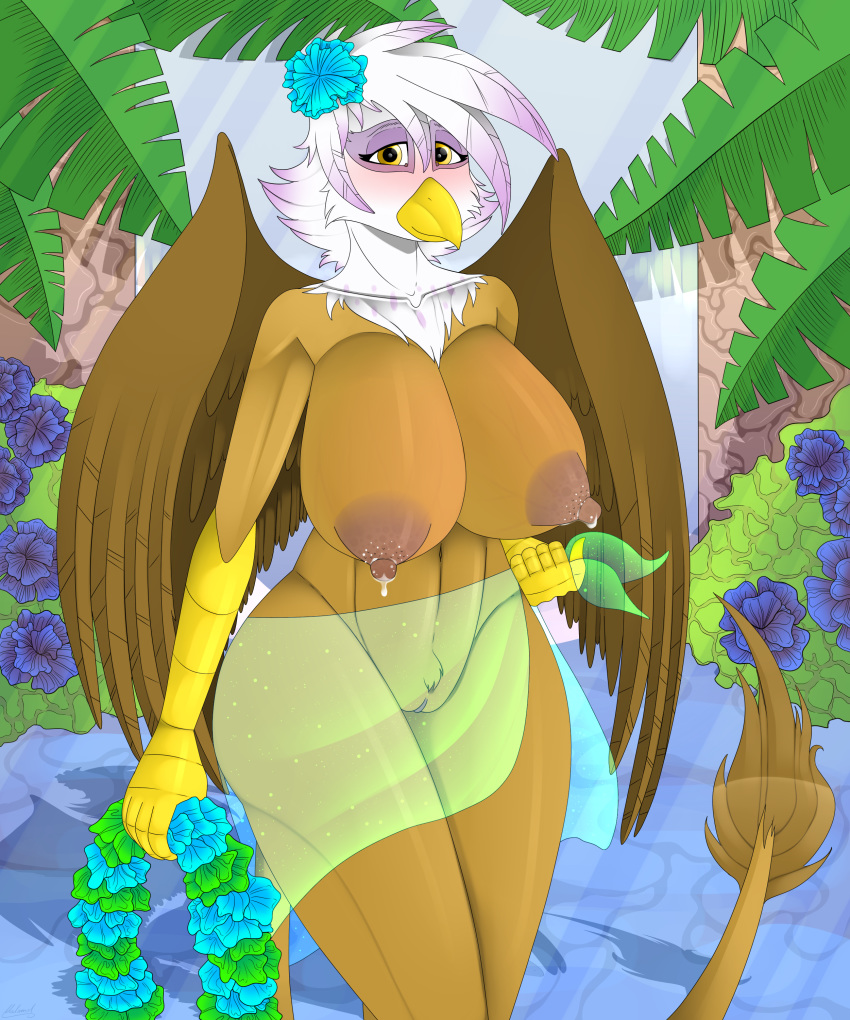 2019 absurd_res anthro anthrofied areola ass avian big_breasts blush breasts brown_feathers erect_nipples feathered_wings feathers female friendship_is_magic fur gilda_(mlp) gryphon hair hi_res huge_breasts lactating looking_at_viewer malamol milk my_little_pony nipples nude pussy smile solo thick_thighs veiny_breasts wide_hips wings