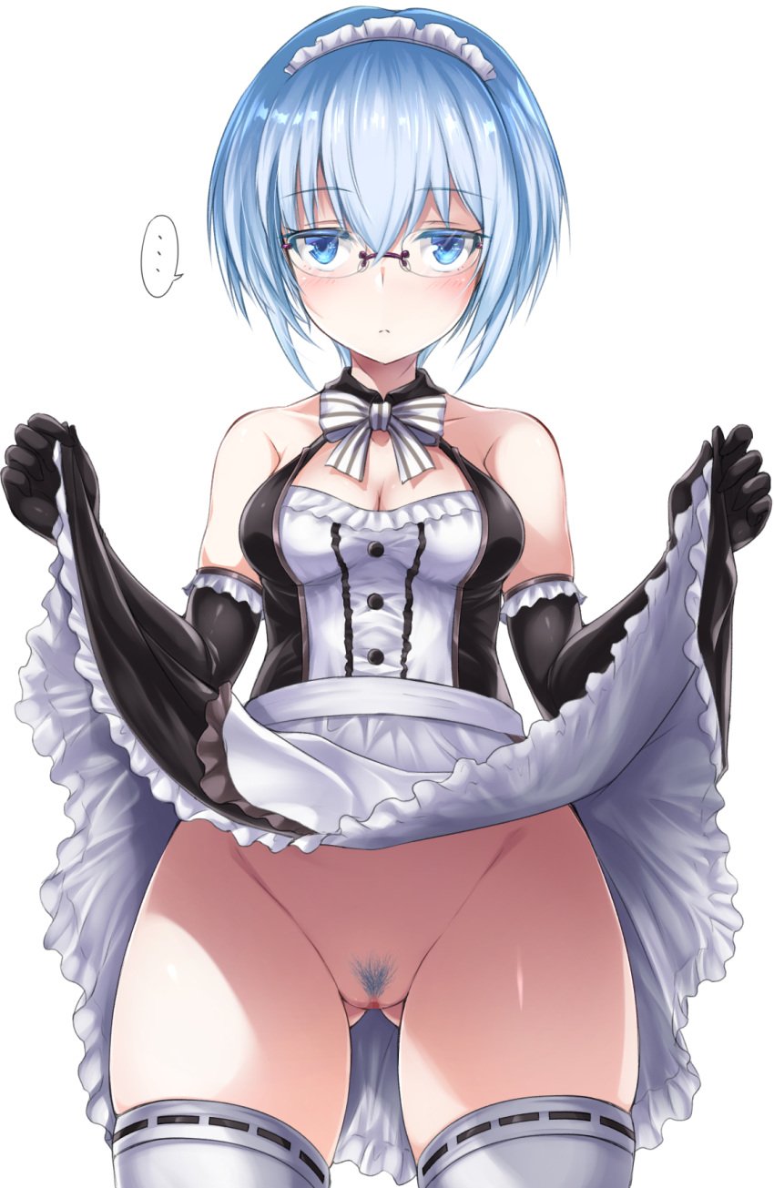 blue_eyes blue_hair censored glasses lifted_by_self maid maid_uniform megane pubic_hair pussy shimo_(depthbomb) skirt_lift thighhighs