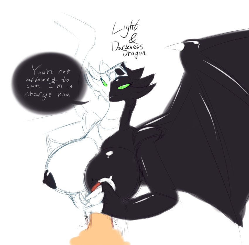 2016 anthro averyshadydolphin big_breasts big_wings breasts claws dialogue domination dragon duo english_text erect_nipples erection female female_domination first_person_view green_eyes handjob hi_res horn human konami light_and_darkness_dragon long_neck looking_at_viewer male male_human/female_anthro membranous_wings multicolored_scales nipples non-mammal_breasts nude orgasm_denial penis scales scalie sex simple_background solo_focus straight submissive text two_tone_body two_tone_scales wings yu-gi-oh!