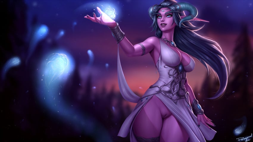 1girls big_breasts blizzard_entertainment bottomless breasts dracarna female female_only long_hair night_elf no_panties no_panties_under_dress personalami pointy_ears pussy solo warcraft world_of_warcraft