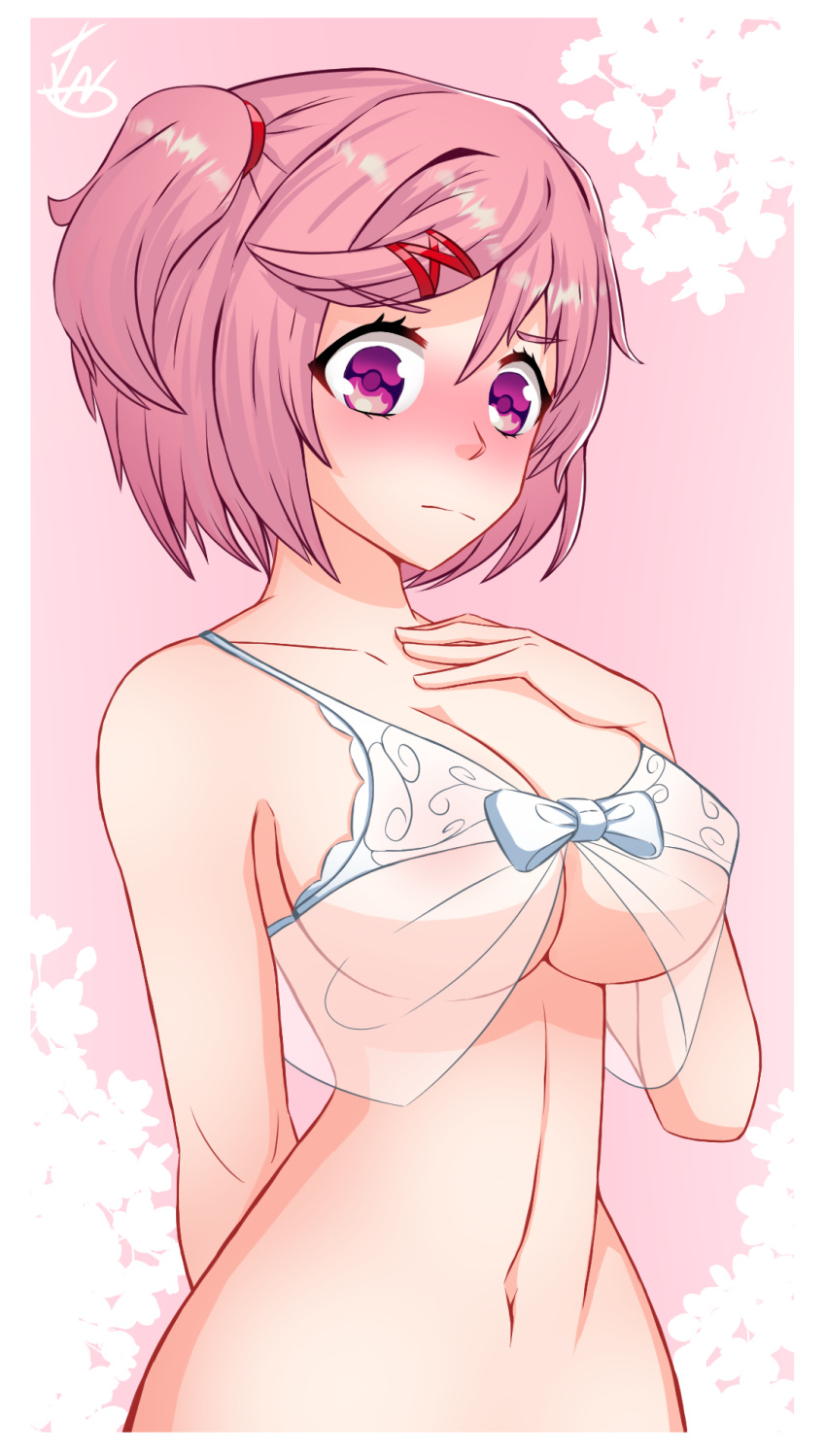 1girls alternate_breast_size breasts dmitry_77 doki_doki_literature_club lingerie looking_at_viewer natsuki_(doki_doki_literature_club) nipples_visible_through_clothing pink_hair solo