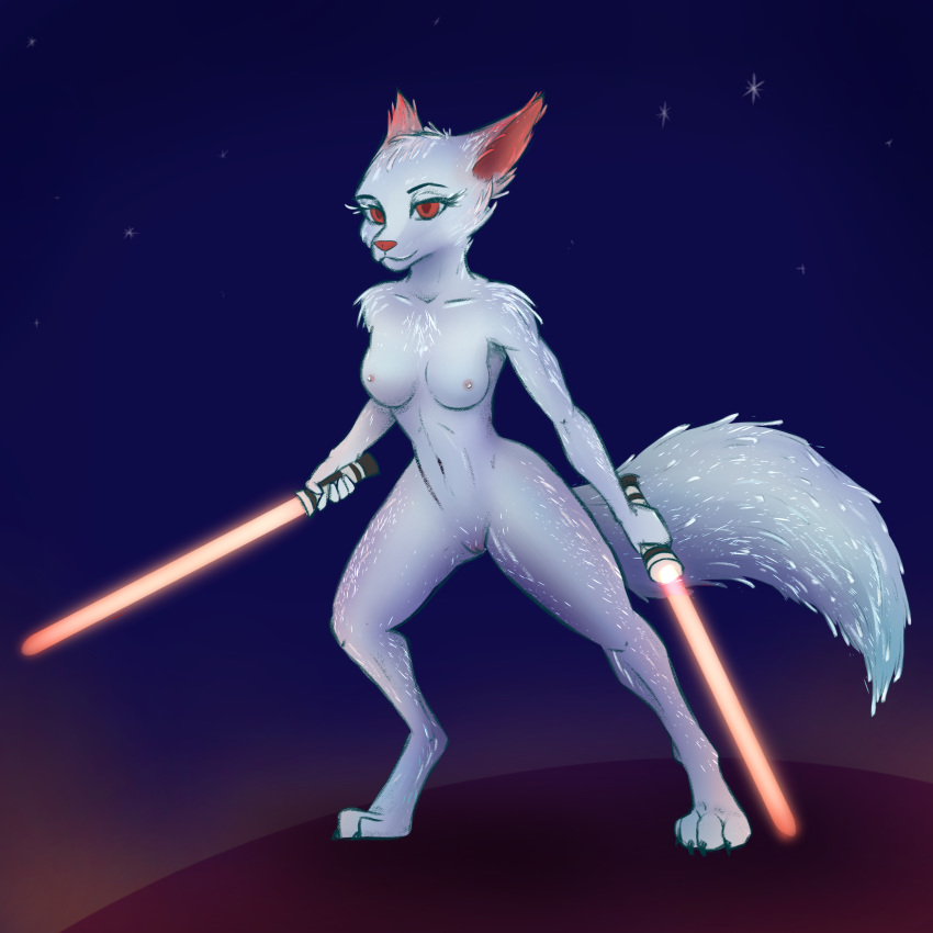 2019 absurd_res anthro anthrofied canid canine crystal female fluffy fluffy_tail fox foxyghost full_body fur furry hi_res holding_object holding_sword holding_weapon lightsaber looking_at_viewer mammal nipples nude orange_lightsaber pinup pose red_eyes red_lightsaber red_nose sideboob simple_background solo standing star_wars sword tail vulptex weapon white_fur zenesse_hjeoda