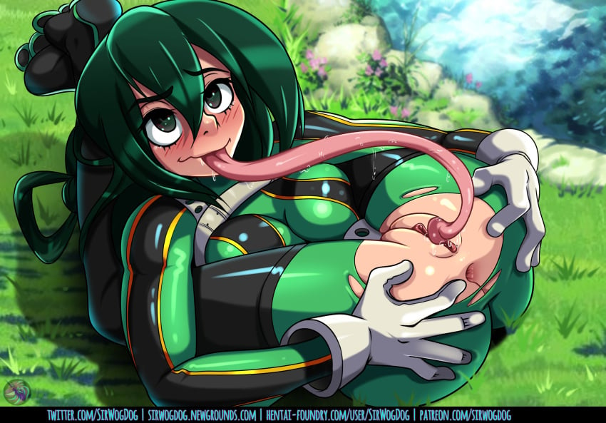 1girls anus ass_grab autocunnilingus bodysuit boots clothing cunnilingus female female_only flexible frog_girl gloves green_eyes green_hair hair hero_outfit_(mha) licking light-skinned_female light_skin long_tongue my_hero_academia oral patreon presenting presenting_anus presenting_pussy pussy ripped_clothing seductive self_ass_grab sirwogdog solo text tongue tongue_out torn_clothes tsuyu_asui uniform url watermark