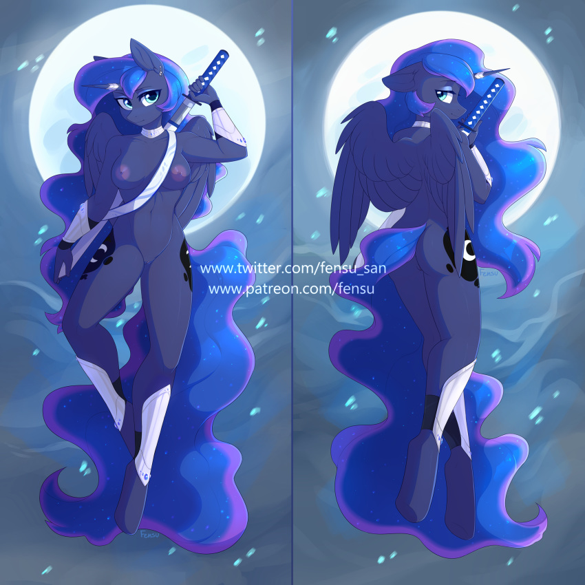 2019 alicorn anthro areola ass breasts cutie_mark equid equine feathered_wings feathers female fensu-san friendship_is_magic full_moon hair hi_res horn long_hair looking_at_viewer mammal melee_weapon moon my_little_pony nipples princess_luna_(mlp) pussy sword weapon wings