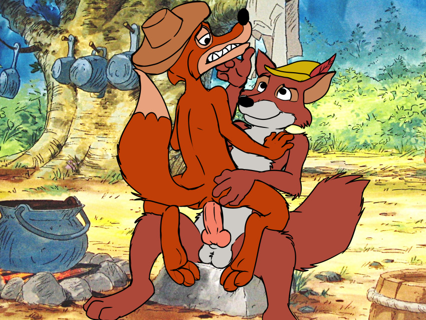 absurd_res anal anal_penetration anal_sex animal_genitalia animal_penis balls br'er_fox canid cauldron company_connection cooking_pot cowgirl_position crossover disney eye_contact feet fox gay hand_on_chin hat hi_res kneeling knot male male_only mammal nude on_top outdoors penis pizzalizzard public robin_hood_(character) robin_hood_(disney) sex sitting_on_penis song_of_the_south spread_legs testicles vulpine yaoi