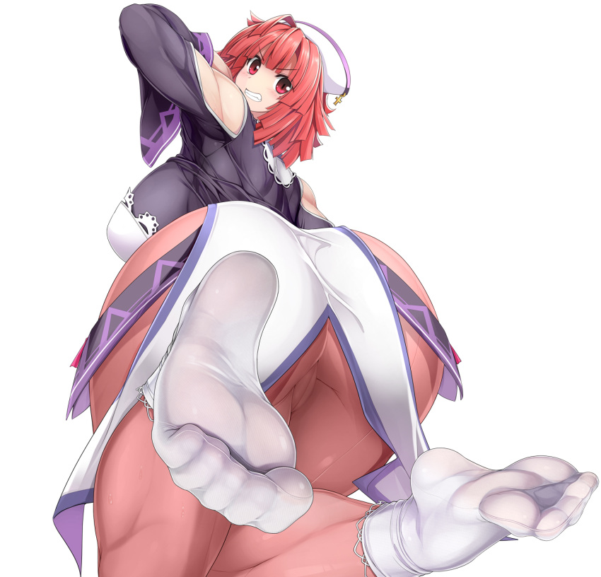 1girls alternate_version_available big_ass big_breasts eyebrows_visible_through_hair feet la_pucelle_tactics naturalton nippon_ichi_software pantyhose priere red_eyes red_hair solo_female white_socks