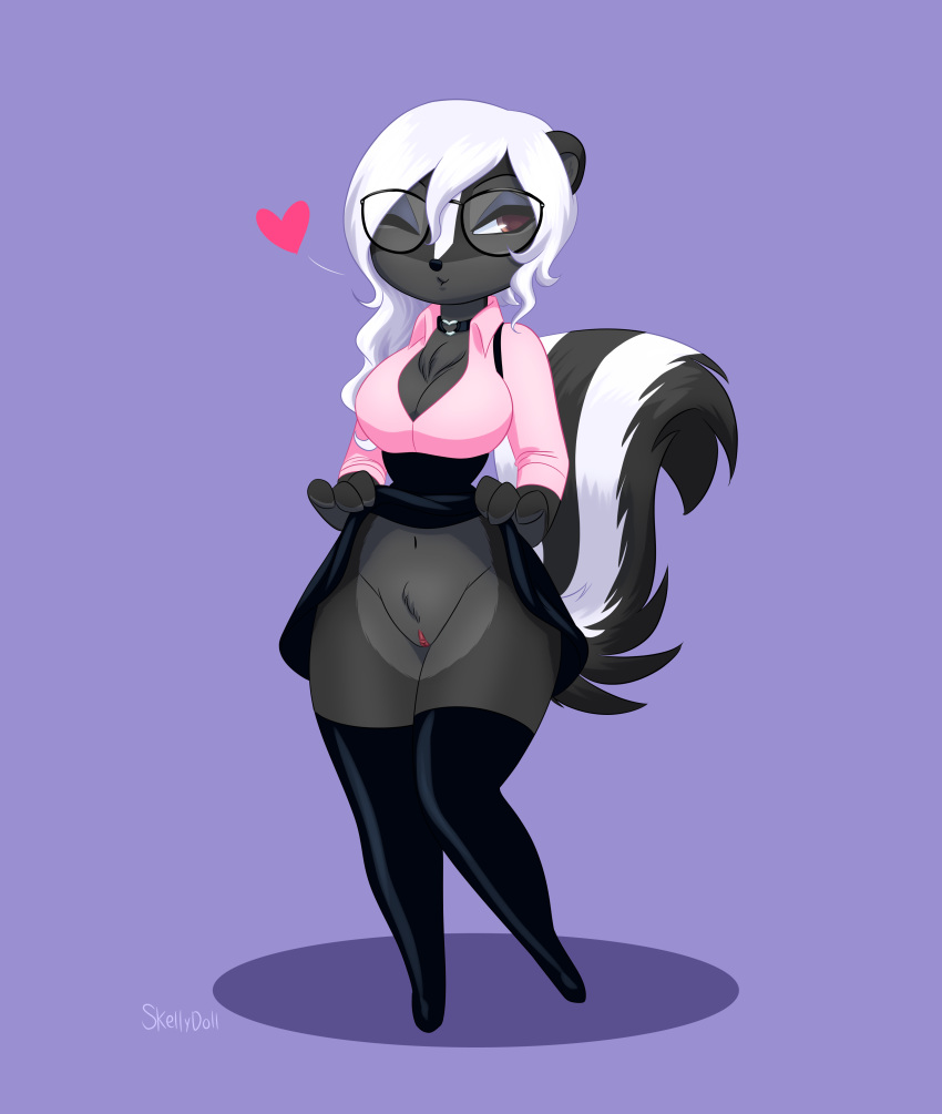 <3 2019 anthro big_breasts breasts brown_eyes chest_tuft choker cleavage clitoris clothed clothing clothing_lift crotch_tuft diana_rayablanca eyeshadow female fur furry furry_only glasses heart hi_res legwear looking_at_viewer makeup mammal mephitid navel one_eye_closed purple_background purple_eyeshadow pussy signature simple_background skeletonguys-and-ragdolls skirt skirt_lift skunk solo standing striped_skunk tail thigh_highs tuft wink