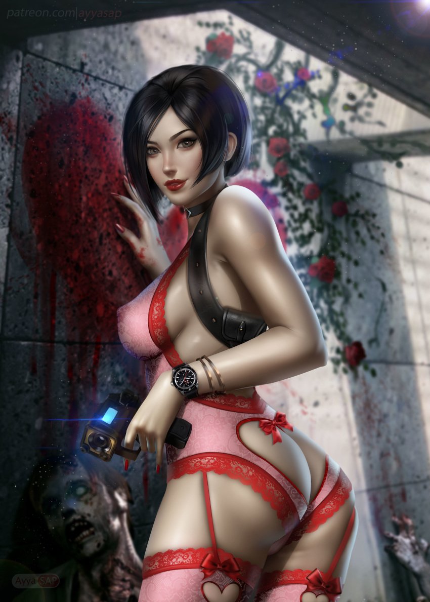 1girls 5_fingers absurdres ada_wong ada_wong_(adriana) alternate_version_available arched_back areolae arm_up artist_name asian ass ass_cleavage ass_focus ayyasap bare_shoulders big_ass big_breasts big_butt black_hair blood blush bracelet bracelets breasts brown_eyes busty butt butt_crack capcom choker clothed clothed_female clothes clothing color colored colored_nails corpse curvaceous curvy dark_hair dat_ass detailed_background english english_text erect_nipples exposed_ass eyelashes eyeshadow female female_focus female_only hair hand_up highres holding_object holster hourglass_figure human human_only jewelry large_breasts leaning_forward light-skinned_female light_skin lingerie lipstick long_nails looking_at_viewer looking_back makeup nail_polish nipple_bulge nipples nipples_visible_through_clothing nude nude_female nudity open_eyes painted_nails panties parted_lips partial_nudity partially_nude patreon red_lips red_lipstick red_nail_polish red_nails resident_evil resident_evil_2 round_ears scanner see-through shiny shiny_hair shiny_skin short_hair smile smiling solo solo_female solo_focus standing teeth text thigh_highs thighhighs thin_waist uncensored underwear url voluptuous watch watermark web_address wristwatch zombie