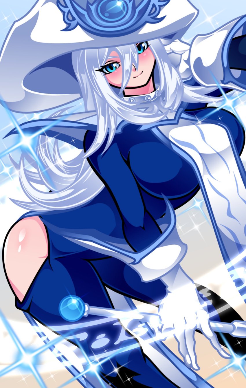 1girls bending_over blue_dress blue_eyes breasts busty dress female female_only gloves hat king_sherbet long_hair looking_at_viewer no_panties pauldrons silent_magician solo staff white_hair yu-gi-oh! yu-gi-oh!_duel_monsters