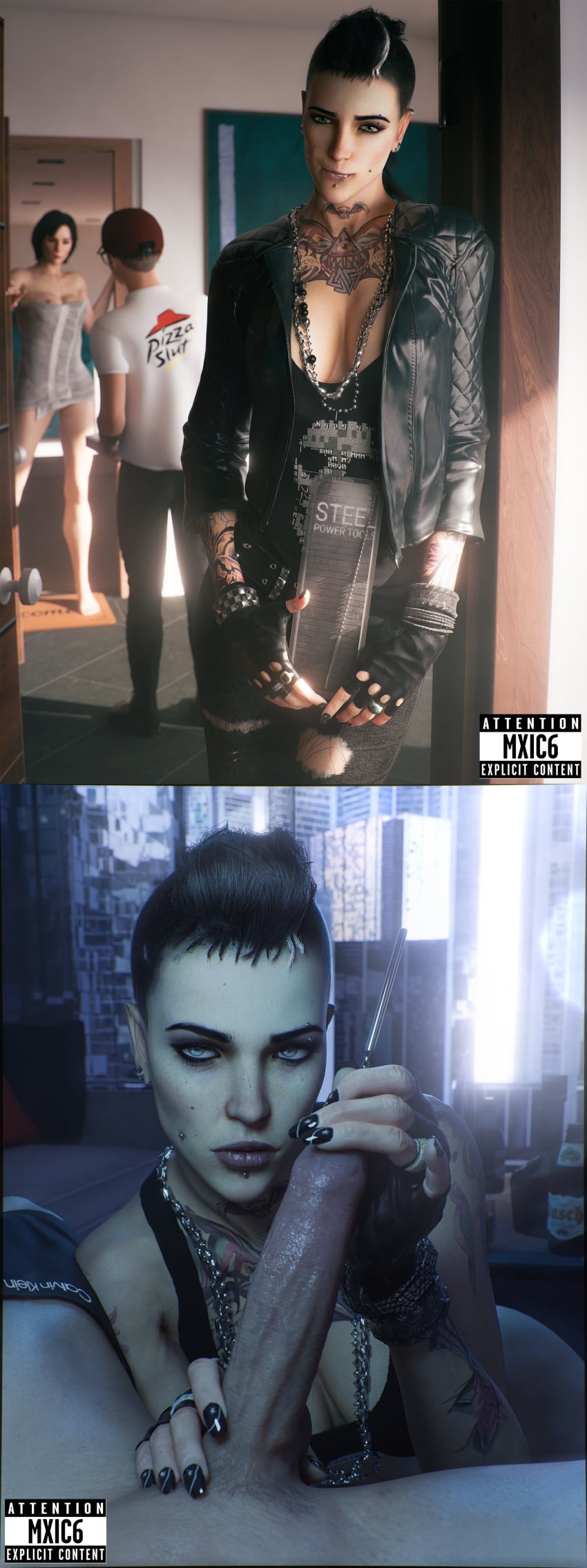 1boy1girl 2boys 2girls 3d 3d_(artwork) biting_lip black_hair blue_eyes calvin_klein clara_lille femdom gloves jacket male/female male_pov mohawk mohawk_(hairstyle) mxic6 naked naked_male nude nude_male partially_clothed penis piercing piercings pizza_delivery punk punk_girl sounding sounding_rod tattoo tattoo_on_chest tattooed_arm towel ubisoft urethral_insertion veiny_penis video_games watch_dogs