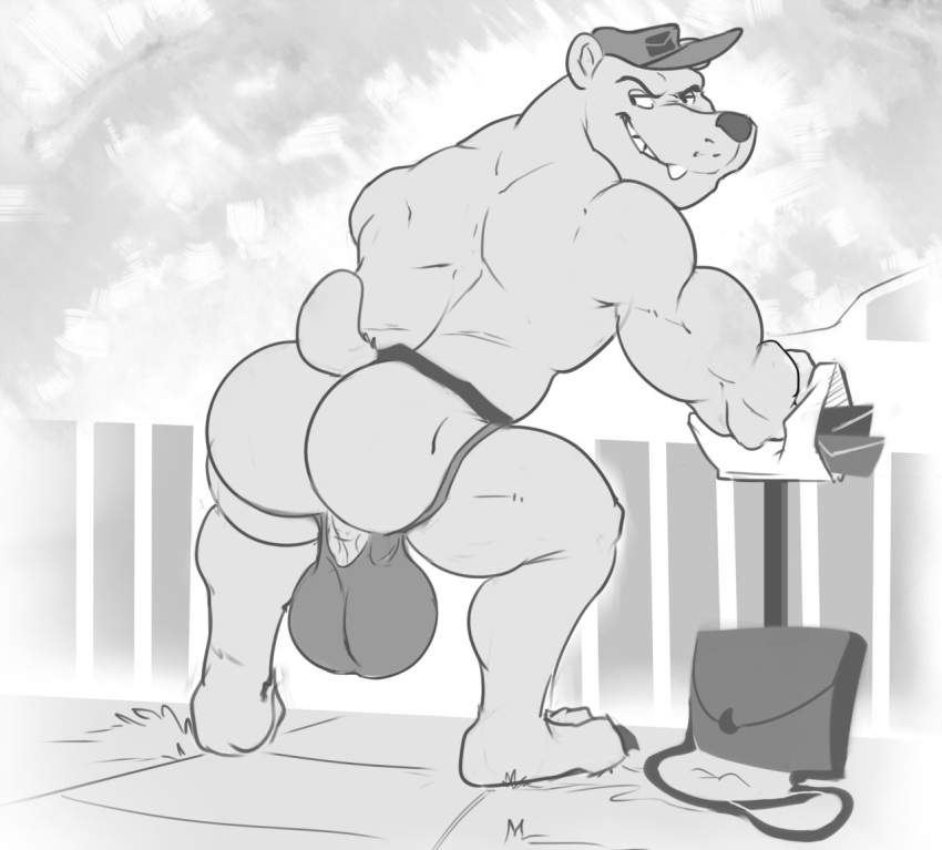 anthro ass big_bulge bulge clothing greyscale hat hewge jockstrap looking_back male male_only mammal monochrome muscular muscular_male polar_bear smile solo standing underwear ursid ursine