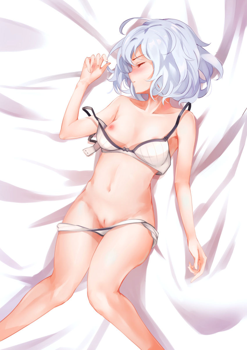 arm_up blush bra breasts closed_eyes faicha female highres innie_pussy knees_together_feet_apart konno_junko lying navel nipples on_back panties panty_pull pussy short_hair silver_hair sleeping small_breasts solo strap_slip thighs uncensored underwear underwear_only white_bra white_panties zombie_land_saga