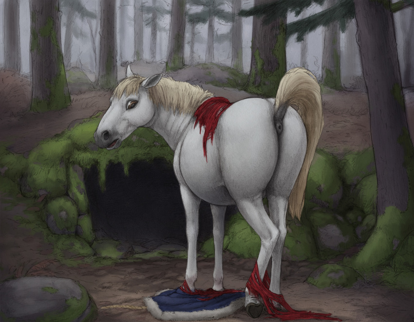 ambiguous_gender anus ass belly clothing detailed_background difetra equid equine feral forest horse looking_back mammal no_humans post_transformation rear_view slightly_chubby solo surprise torn_clothing tree