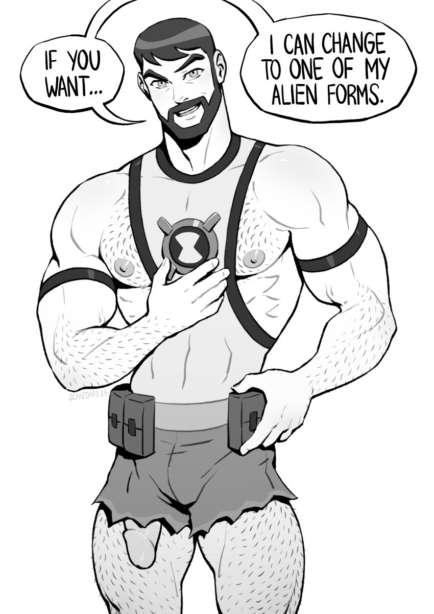 1boy beard ben_10 ben_10000 ben_tennyson black_and_white body_hair cartoon_network circumcised cut-off_shorts daddy dark_hair dialogue dilf english_text facial_hair flaccid flaccid_penis hairy_male human looking_at_viewer male male_nipples male_only manly mature_male monochrome muscles muscular muscular_male penis penis_out schizoid short_shorts solo tank_top uncolored