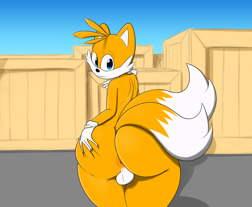 anthro anus ass backsack balls big_butt blue_eyes canid canine clothing crate dipstick_tail fox fur gloves hi_res looking_back male male_only mammal multi_tail multicolored_tail nude rear_view solo sonic_(series) spread_butt spreading tails thick_thighs video_games vun yellow_fur