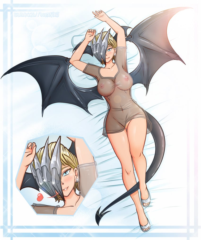 1girls areolae armpits bangs bed belly big_breasts blonde_hair blue_eyes blush breasts dragon_girl dress ear_piercing earrings eyelashes facing_viewer feet female female_only full_body grin hair_over_one_eye highres jewelry large_breasts light-skinned_female light_skin looking_at_viewer mask my_hero_academia navel nipples no_bra on_back one_eye_covered open_toe_shoes piercing pussy ryuukyuu see-through shadako26 shoes short_hair simple_background smile solo tail tatsuma_ryuuko teeth text thick_thighs thigh_gap toes url watermark white_background wide_hips wings