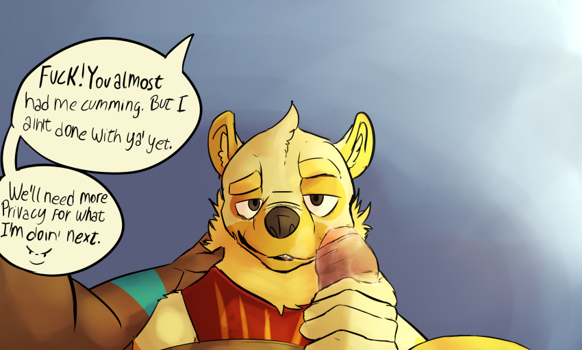 5_fingers clothed clothing comic dialogue first_person_view fully_clothed gay handjob humanoid_hands karou_(thekbear) looking_at_viewer male mammal saliva sex simple_background smile thekinkybear ursid yaoi