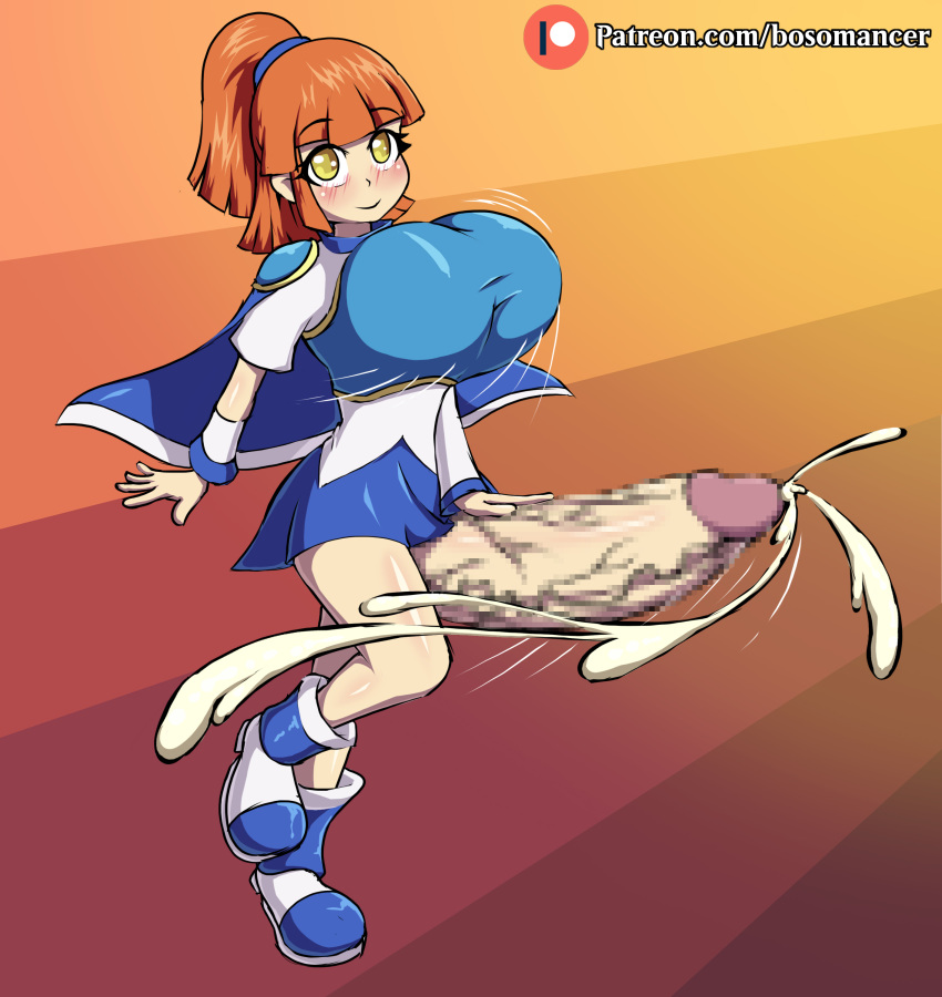 arle_nadja armored_dress blush bosomancer bouncing_breasts breastplate cape cum cumshot cute futa_focus futa_only futanari gradient_background half_updo huge_breasts huge_cock intersex looking_at_viewer mosaic_censoring motion_lines orange_hair patreon patreon_username penis_out puyo_puyo shoes yellow_eyes